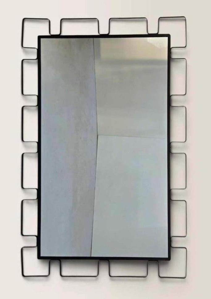 LARGE MIDCENTURY MODERN GREEK KEY WROUGHT IRON WALL MIRROR, 60 IN. TALL: Large rectangular wall mirror in a welded iron Greek key surround Approximate Dimensions: 40.5 " W x 60.5" H Artist or Maker: Unknown Provenance: From a New York Collector Notes: Although care