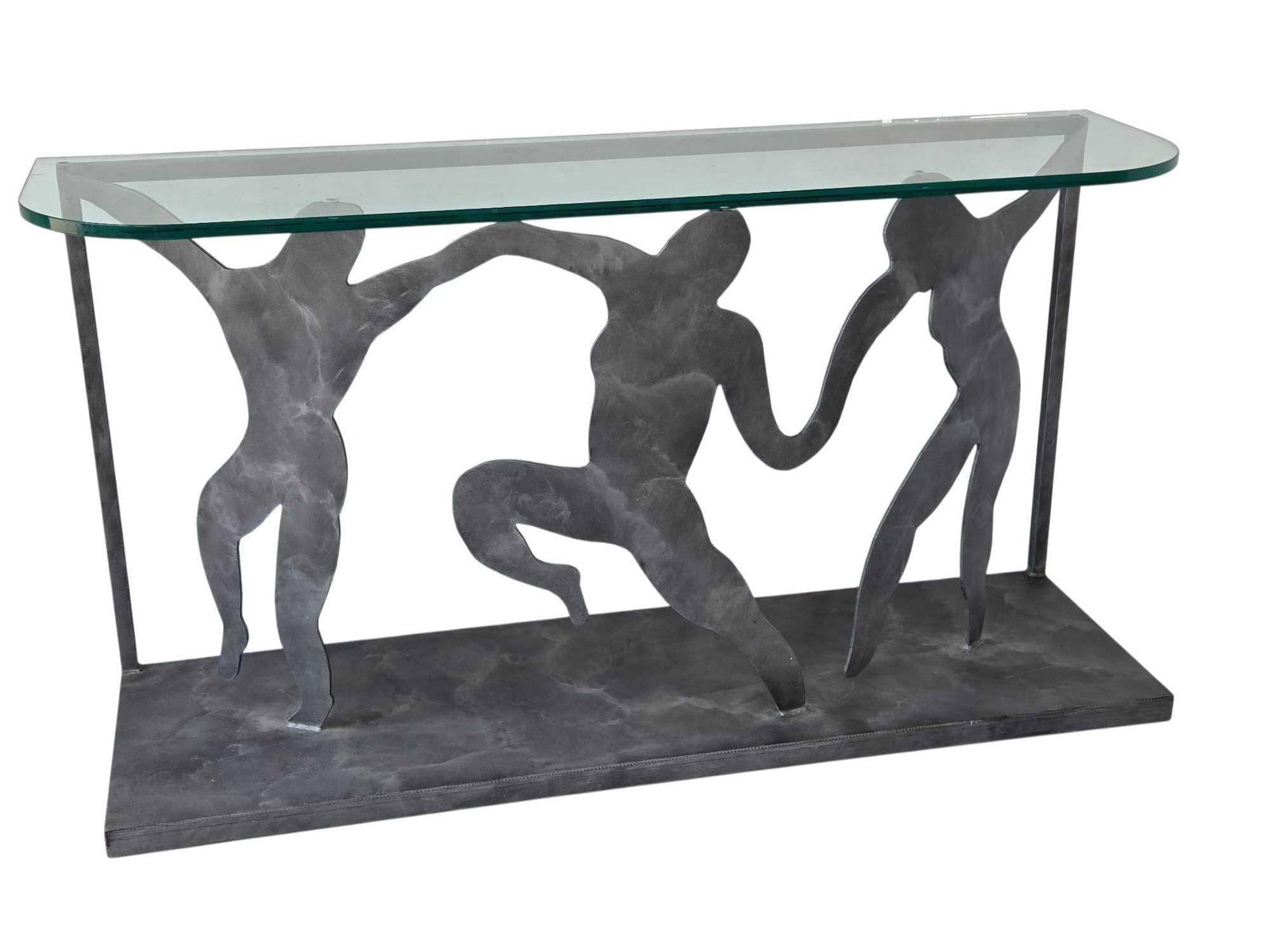 HENRI MATISSE "LA DANSE" STYLE FIGURAL CUT-STEEL CONSOLE TABLE: A glass top console table with a brushed cut-steel base depicting three dancing figures reminiscent of La Danse by Henri Matisse, on a rectangular plinth. Approximate Dimensions: 32.5" H x 62" W x 17"