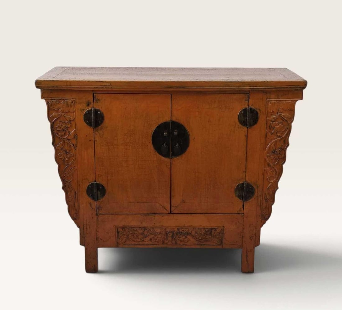 ANTIQUE CHINESE LACQUERED ELM TAPERED CABINET WITH CARVED SPANDRELS AND APRON (1 of 18)