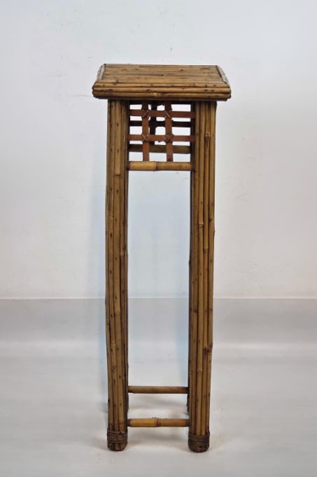 FINE VINTAGE CHINESE STYLE BENT BAMBOO TALL PLANT STAND: Tall square plant stand in golden bamboo, the square top over an openwork lattice frieze, the corner uprights joined by a low square stretcher shelf Approximate Dimensions: 28.5" H x 9.75" W x