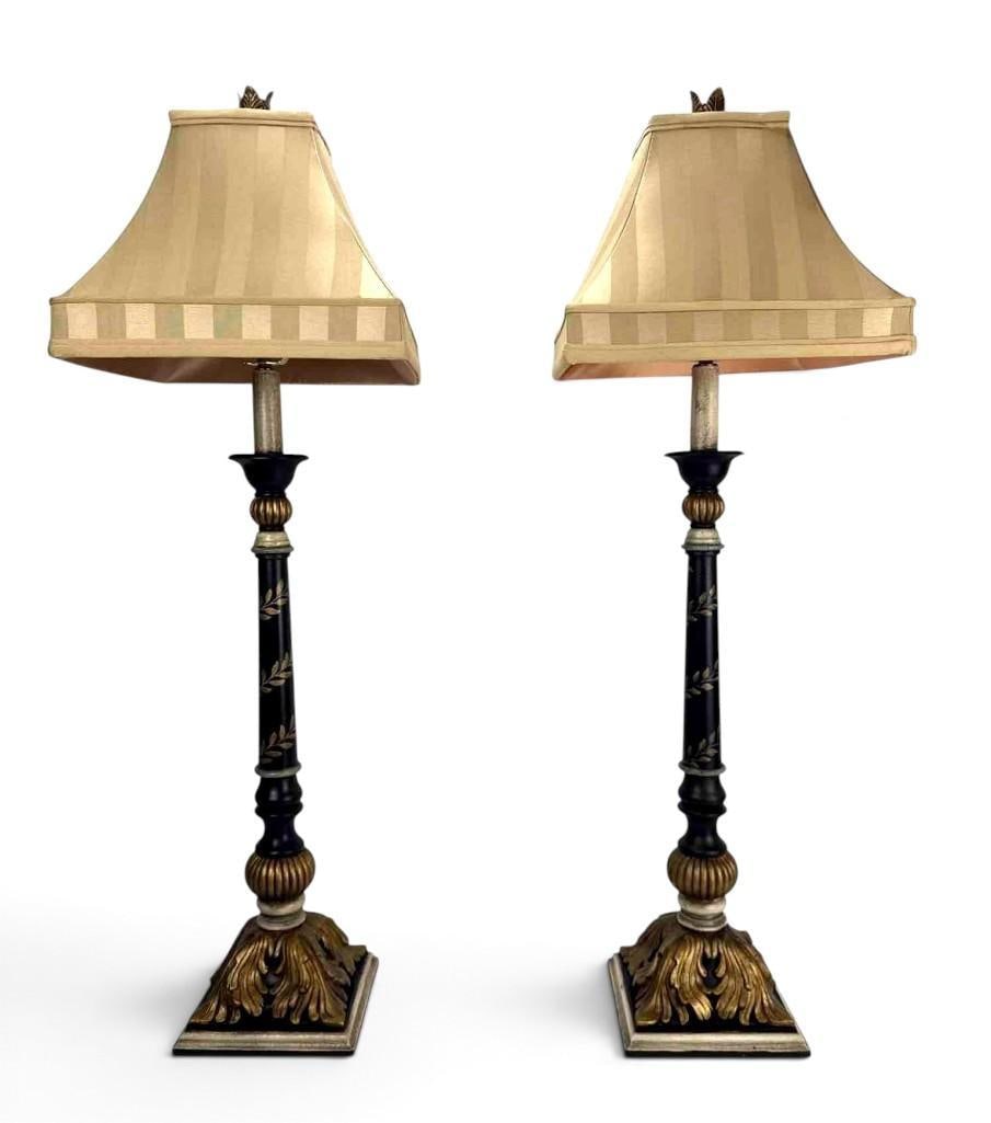PAIR OF NEOCLASSICAL BLACK AND PARCEL GILT COLUMN BUFFET LAMPS WITH SILK SHADES (1 of 19)
