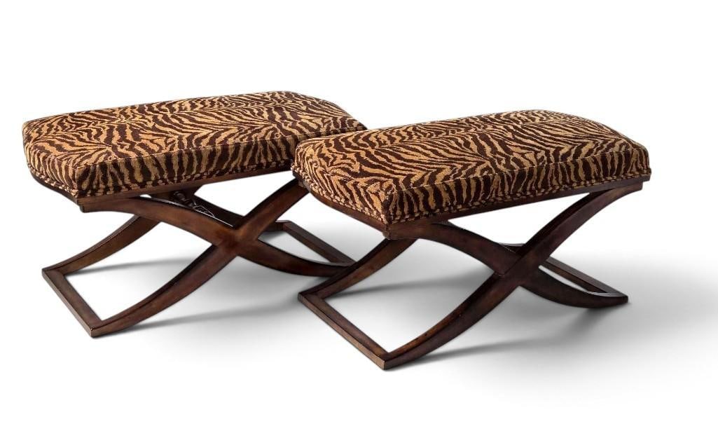 PAIR OF X FRAME BENCHES IN TIGER STRIPE CUT VELVET (1 of 18)