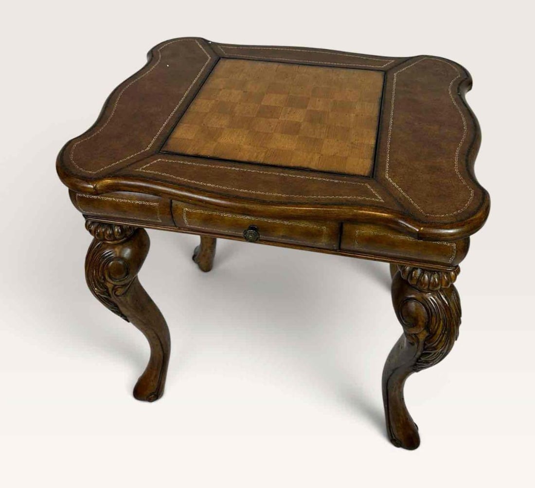 CARVED HARDWOOD AND TOOLED LEATHER GAMES TABLE WITH REVERSIBLE CHESS AND BACKGAMMON PANEL (1 of 10)