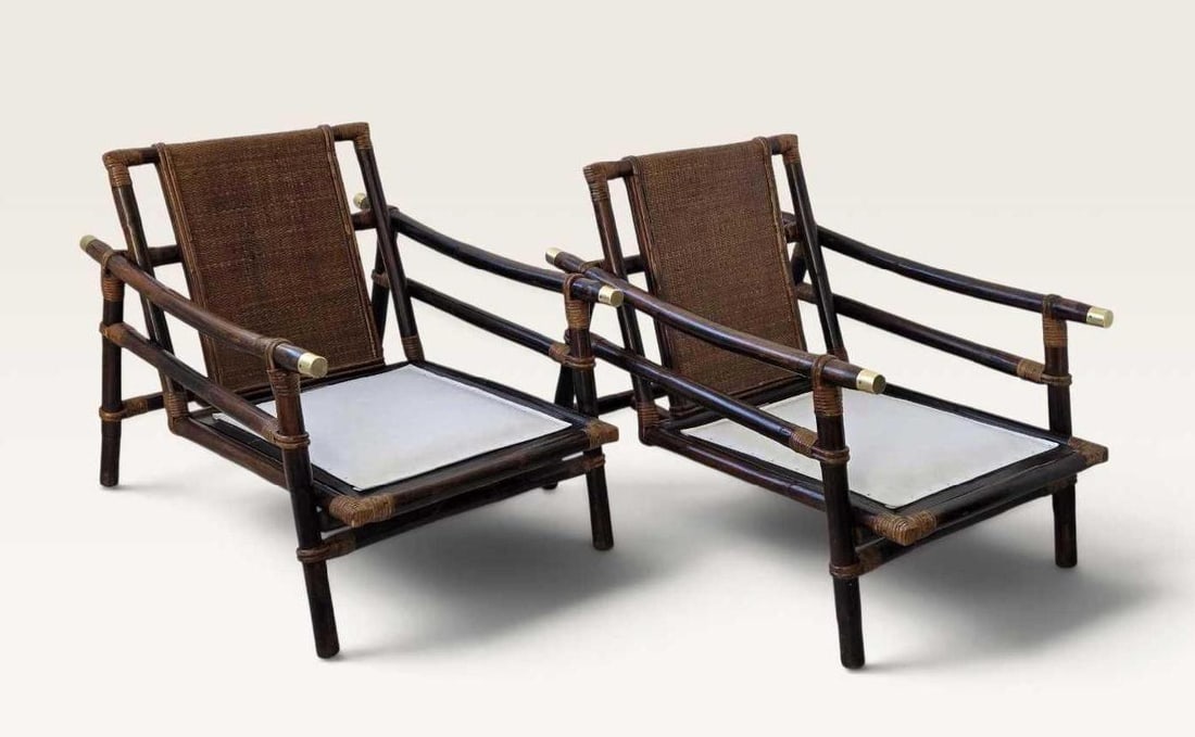 JOHN WISNER FOR FICKS REED PAIR OF MIDCENTURY BAMBOO AND WOVEN RATTAN LOUNGE CHAIRS, LABELED (1 of 19)