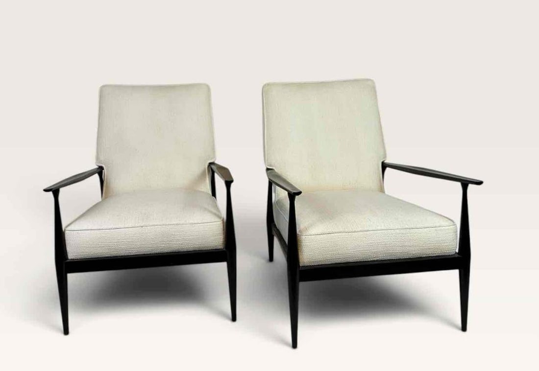 PAIR OF EBONIZED WOOD FRAME MIDCENTURY MODERN LAGUNA LOUNGE CHAIRS WITH CREAM UPHOLSTERY (1 of 9)