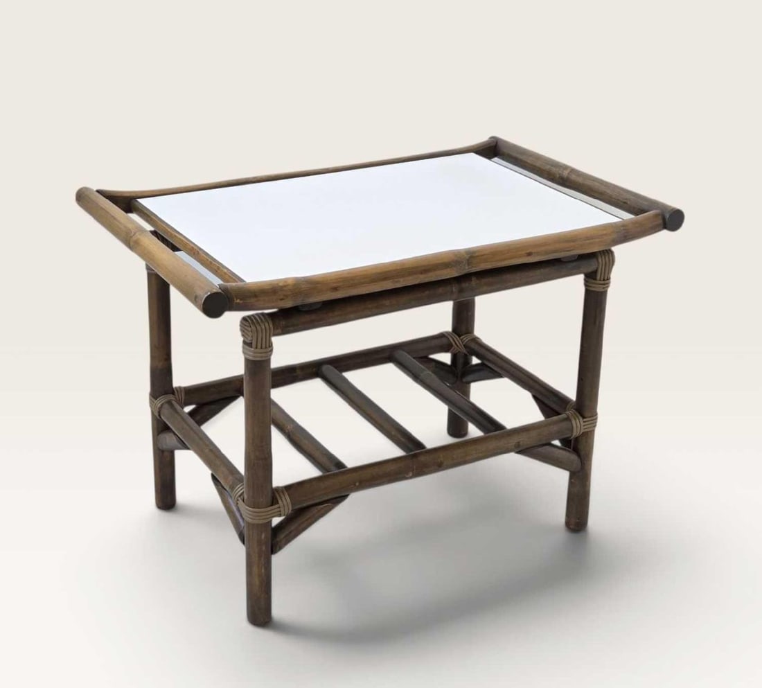 VOGUE RATTAN MFG. CO. LEXINGTON KENTUCKY BAMBOO OCCASIONAL TABLE WITH LAMINATE TOP, LABELED (1 of 11)