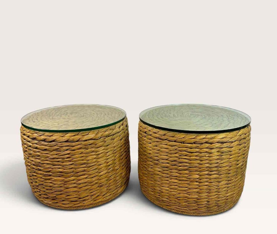 PAIR RALPH LAUREN ORGANIC SEAGRASS ROPE DRUM TABLES WITH INSET GLASS TOPS (1 of 8)