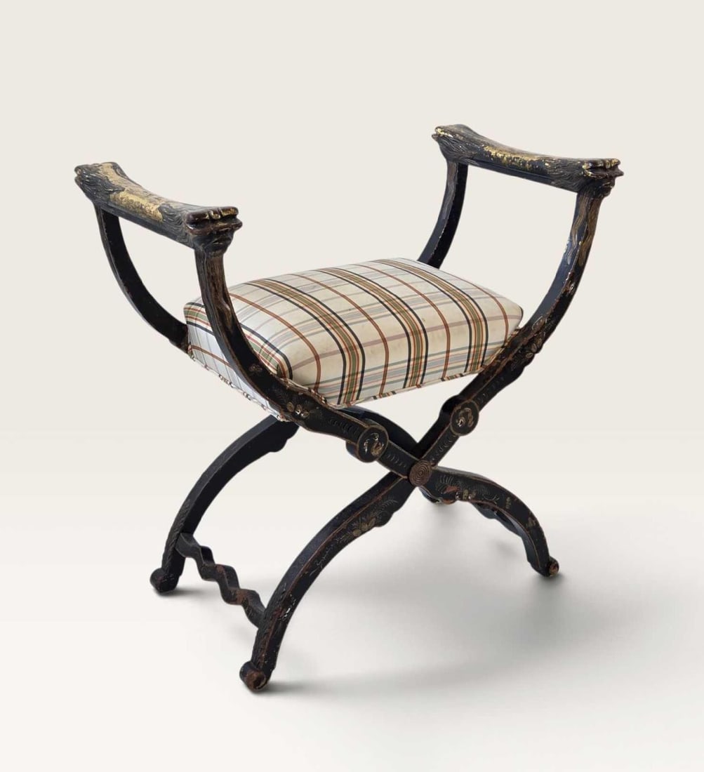 EMPIRE STYLE EBONIZED & PARCEL GILT CURULE STOOL WITH CARVED GROTESQUE FIGURAL MASKS (1 of 15)