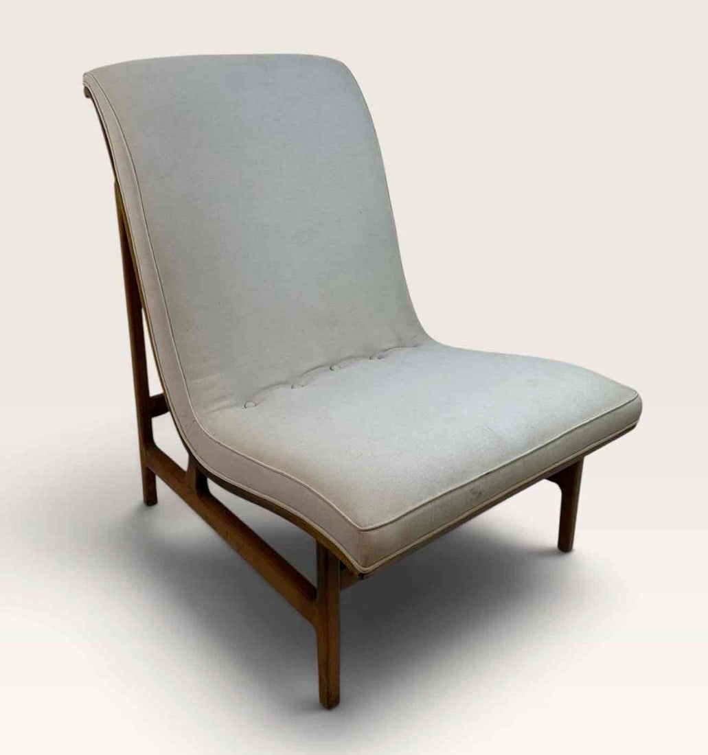 MIDCENTURY MODERN ARMLESS LOUNGE CHAIR WITH SCROLLED EXPOSED WOOD FRAME (1 of 8)