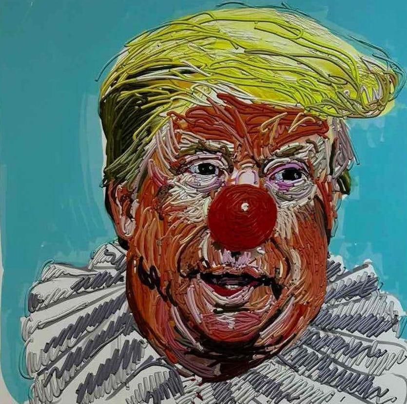 TRUMP AS CLOWN, SIGNED AND NUMBERED PRINT 9/100, SIGNED IN PENCIL E. FISCHL: Print, a portrait of Donald Trump in clown make up with a ruff collar on a turquoise ground, worked in a dense looping line, signed and numbered in pencil in the margin and dedicated, in a white paint