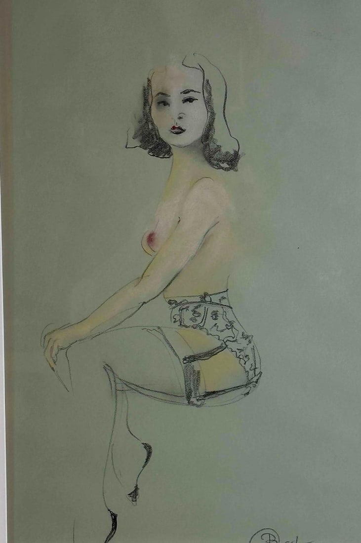 BEATRIX OST SEATED FEMALE NUDE, SIGNED WORK ON PAPER IN A SILVER GILT FRAME: Work on paper, a seated female nude in fine outline with washes of yellow, rose and grey on a sage ground, signed lower right, float mounted under glass in a silver gilt frame. NOTE image has slipped 