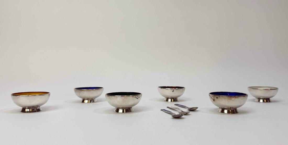 MEKA DENMARK SET OF SIX STERLING AND GUILLOCHE ENAMEL SALTS WITH THREE SPOONS (1 of 6)