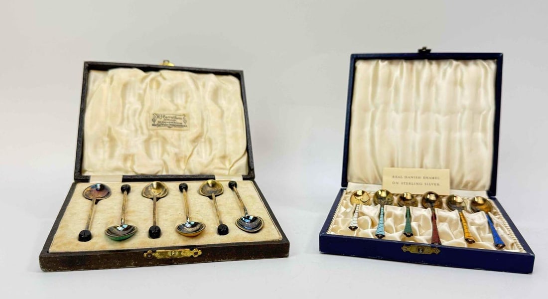 TWO CASED SETS OF DANISH STERLING AND GUILLOCHE ENAMEL COFFEE SPOONS, TWELVE IN ALL (1 of 11)