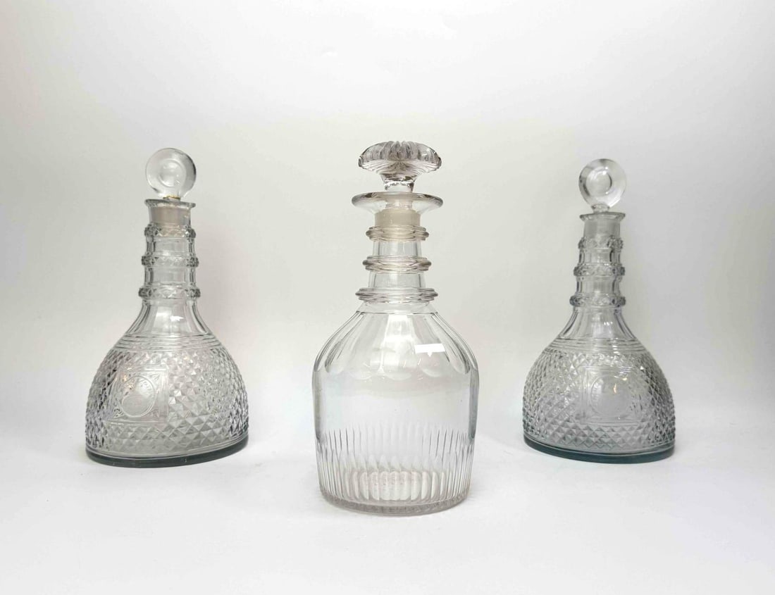 THREE MOLD BLOWN AND CUT GLASS DECANTERS WITH STOPPERS (1 of 8)