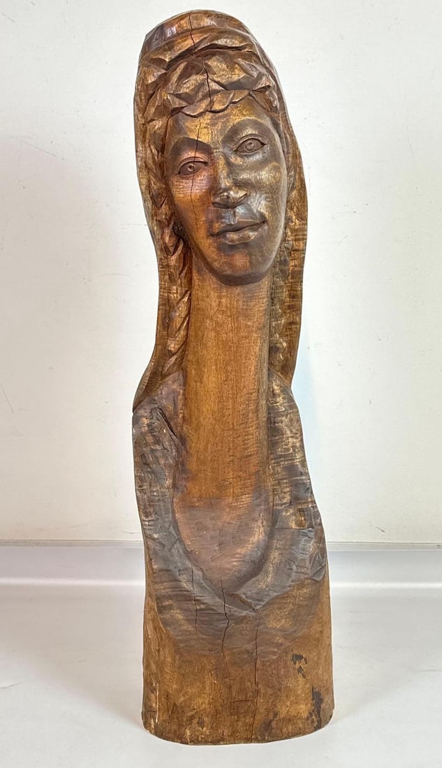 1960 VINTAGE HAITIAN HAND CARVED WOOD FEMALE BUST SCULPTURE: A vintage Haitian hand carved wood female bust sculpture, dated 1960 Approximate Dimensions: 12" x 10" x 40" T Artist or Maker: Signed Avoim? Haiti 1960 Provenance: From a New York Collect
