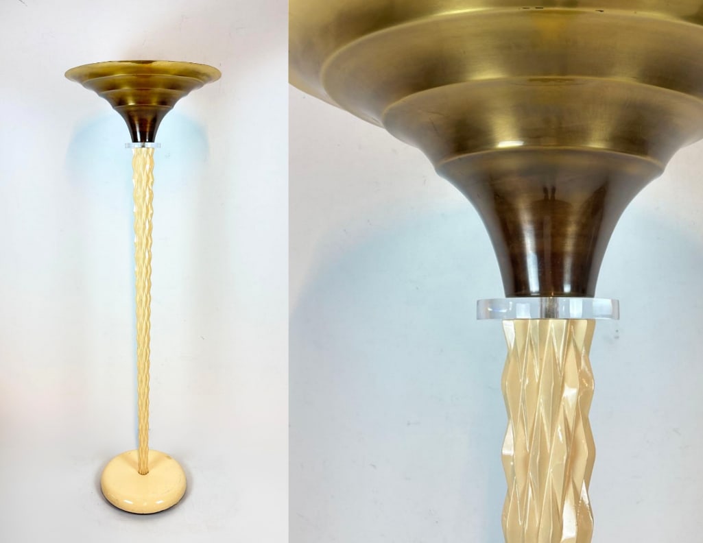 ROBERT SONNEMAN STYLE MODERN ART DECO REVIVAL BRASS TORCHIERE: Hollywood regency style art deco steel floor lamp. Dimensions: 68” H x 22” Maker: Unknown Notes: Although care is taken to photograph and describe the item, absence of a condition report d