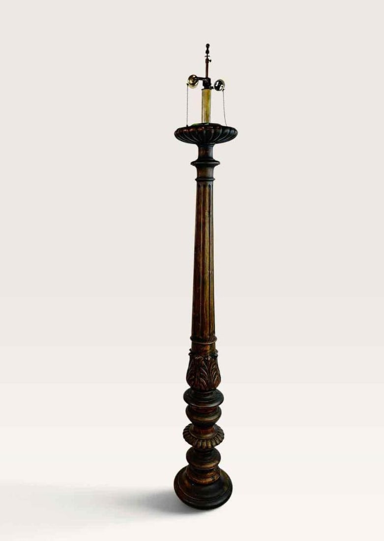 BAROQUE STYLE CARVED AND PARCEL GILT WOOD TORCHERE FLOOR LAMP, TWO LIGHT (1 of 6)