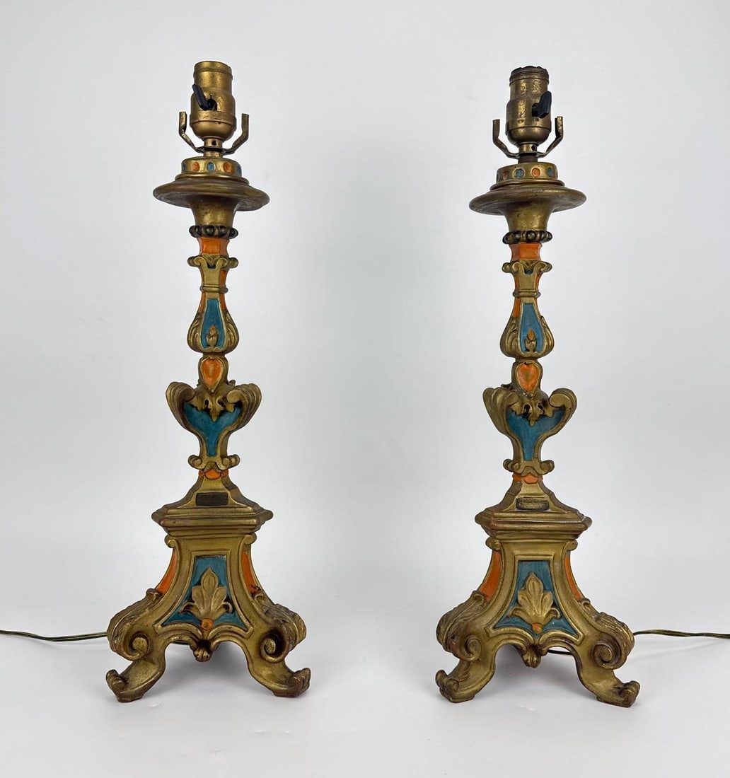 PAIR OF BAROQUE STYLE CARVED GILTWOOD AND POLYCHROME PRICKET CANDLESTICK TABLE LAMPS (1 of 10)