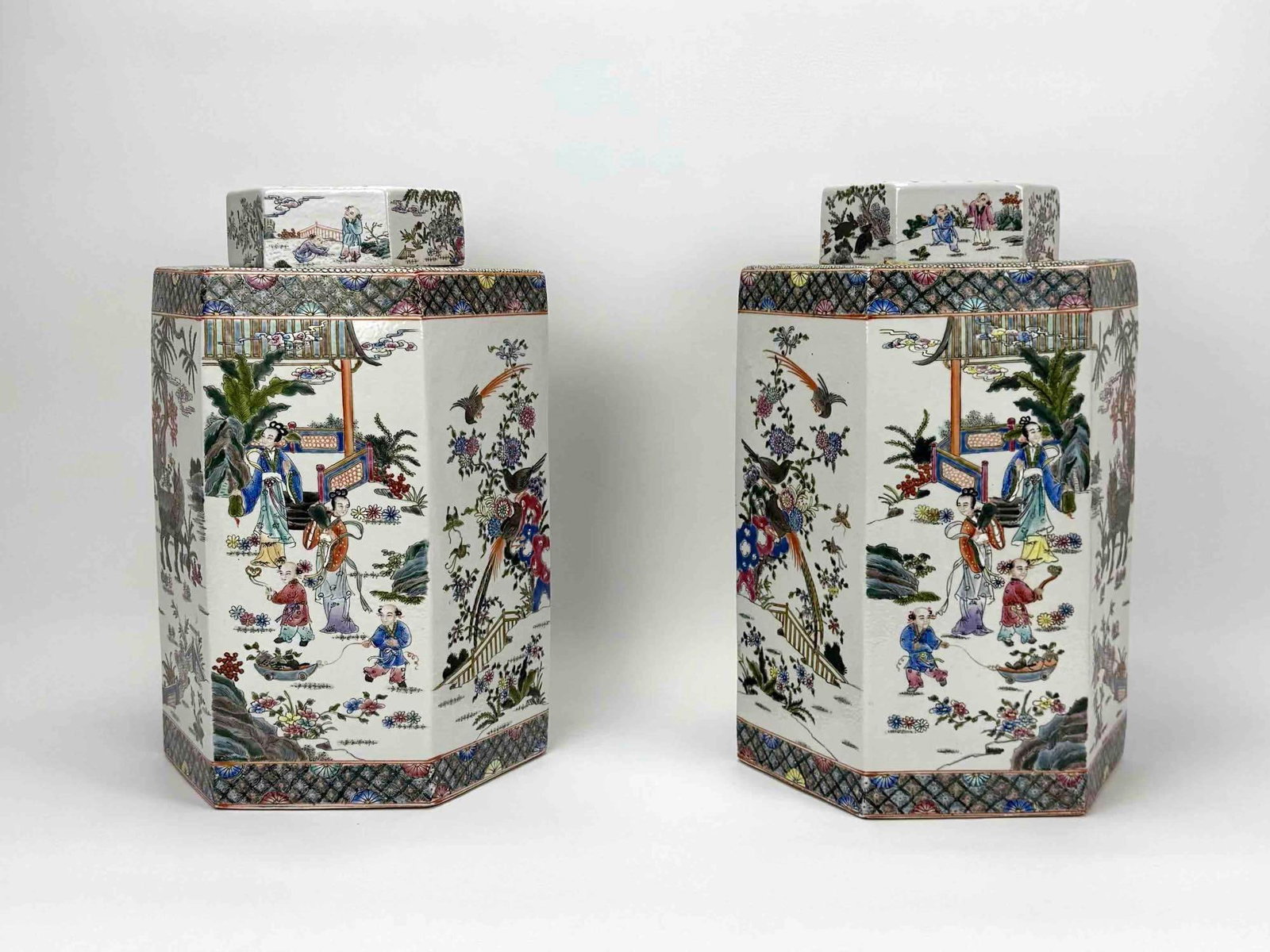 PAIR OF LARGE CHINESE FAMILLE ROSE PORCELAIN HEXAGONAL COVERED JARS (1 of 14)