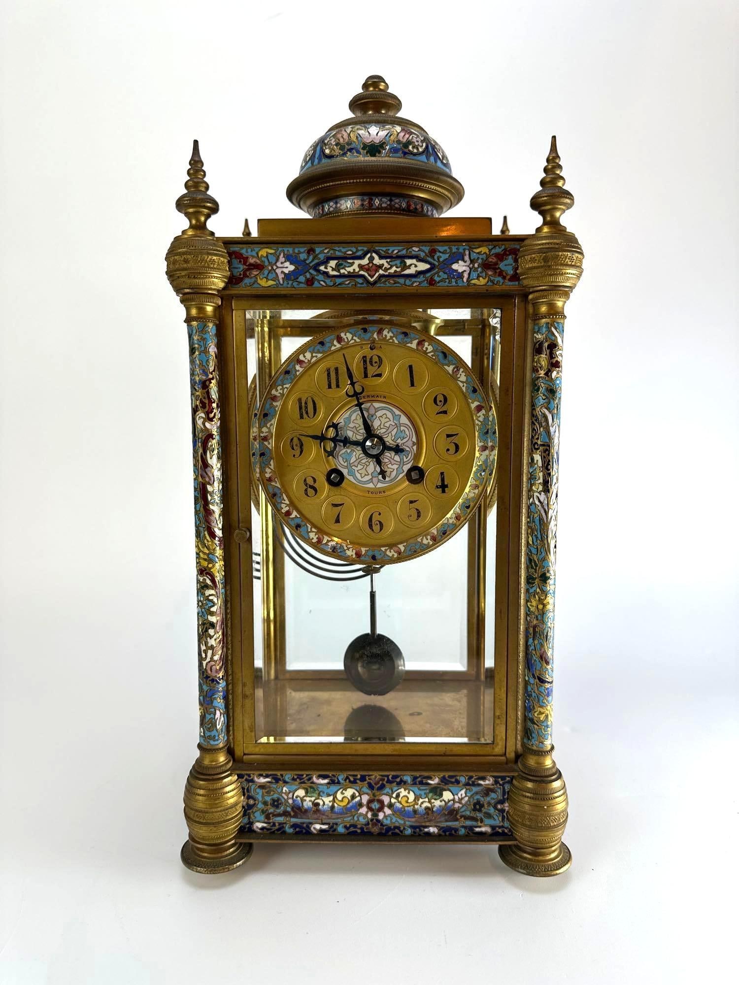 ANTIQUE FRENCH JAPY FRERES & CIE CHAMPLEVE ENAMEL AND BRONZE MANTEL CLOCK (1 of 10)