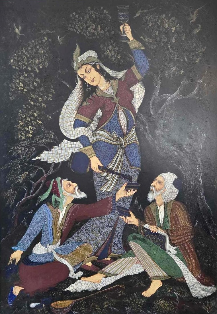 HAND PAINTED PERSIAN SCHOOL FIGURATIVE PAINTING IN AN INTRICATELY INLAID FRAME: Persian school painting of a seated couple in a landscape at night, housed in an elaborate geometric micro mosaic inlaid frame Approximate Dimensions: 39" H x 27" W; frame 43.5" x 32" 