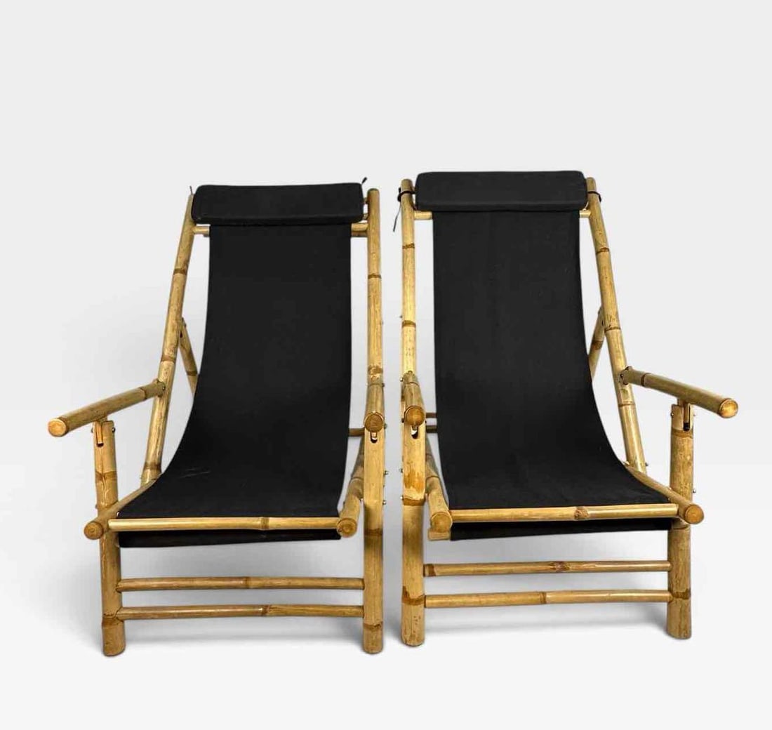 PAIR OF VINTAGE BAMBOO FOLDING SLING DECK CHAIRS (1 of 9)