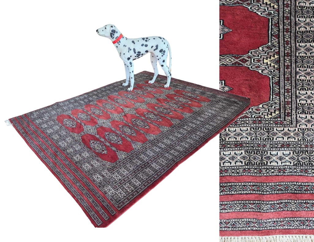 HAND MADE BOKHARA RUG (Dog not included): A rectangular rug with a deep red/coral ground color, featuring rows of repeating, stylized oval medallions, bordered by intricate geometric and floral patterns. Dog not included. Dimensions: 7'1"L x 