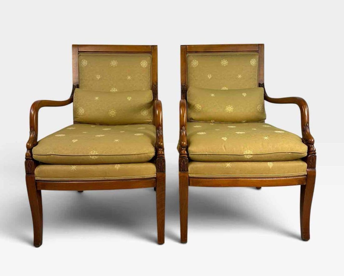 PAIR OF CARVED WOOD UPHOLSTERED FAUTEUIL ARMCHAIRS (1 of 12)