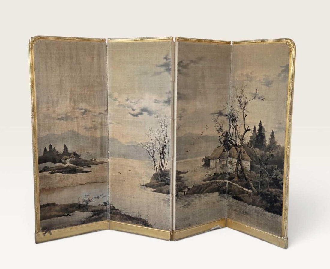 ANTIQUE JAPANESE FOUR PANEL GILTWOOD FRAMED PAINTED SILK FOLDING SCREEN, LANDSCAPE (1 of 20)