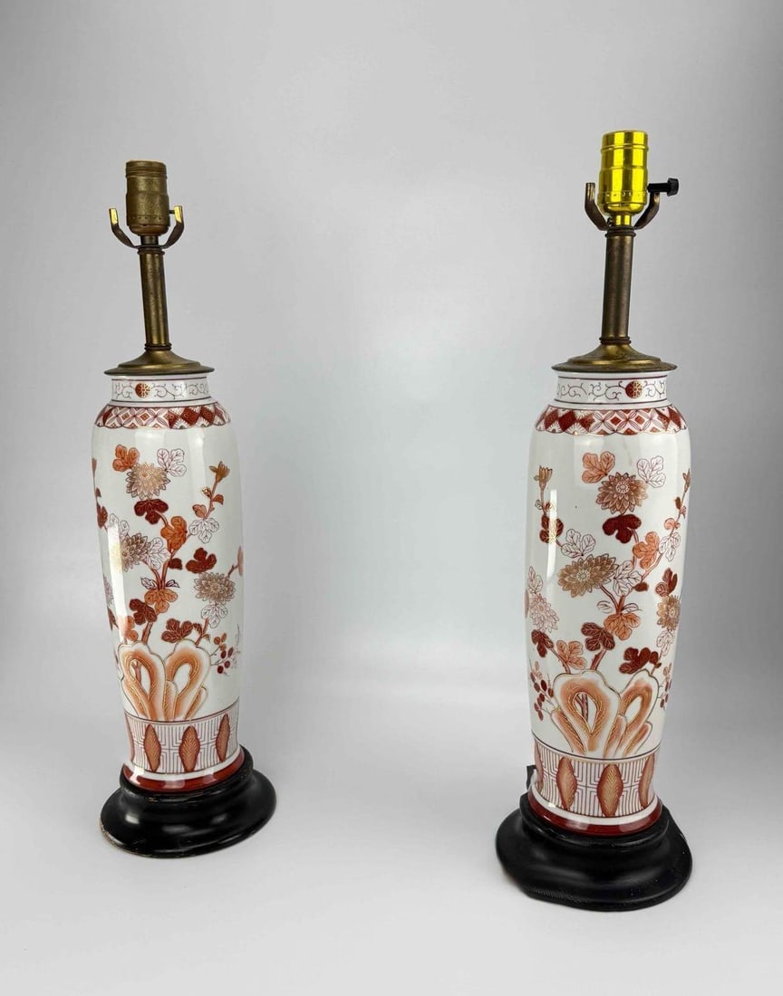 PAIR OF JAPANESE PORCELAIN VASE LAMPS, RED & GILT: Pair of Japanese porcelain vase table lamps, the white ground decorated in iron-red and gilt with flowering prunus (cherry/plum) blossom over rockwork to one side and a chrysanthemum spray to the othe