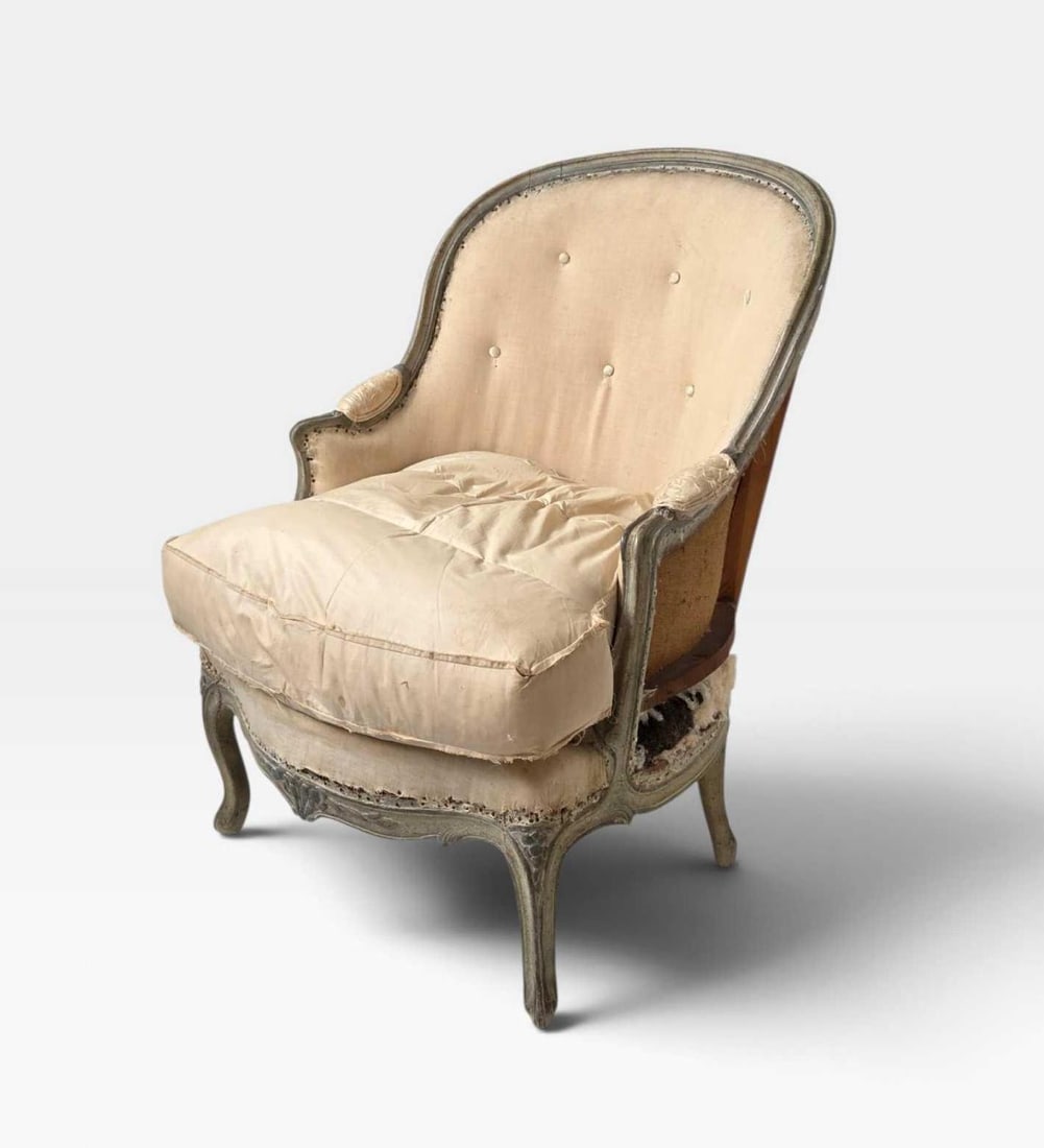 ANTIQUE LOUIS XV STYLE CARVED AND PAINTED BERGERE, DECONSTRUCTED IN MUSLIN (1 of 19)
