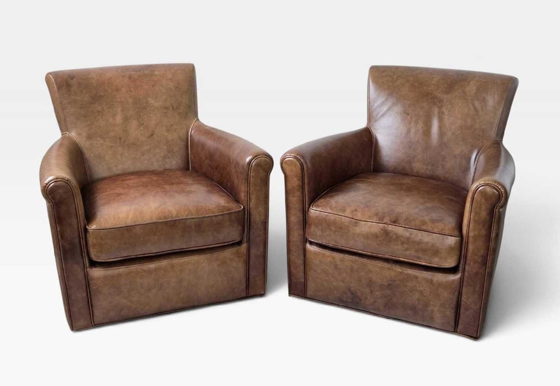 PAIR OF POTTERY BARN IRVING ROLL ARM DISTRESSED LEATHER SWIVEL CLUB CHAIRS (lot 1 of 3) (1 of 15)