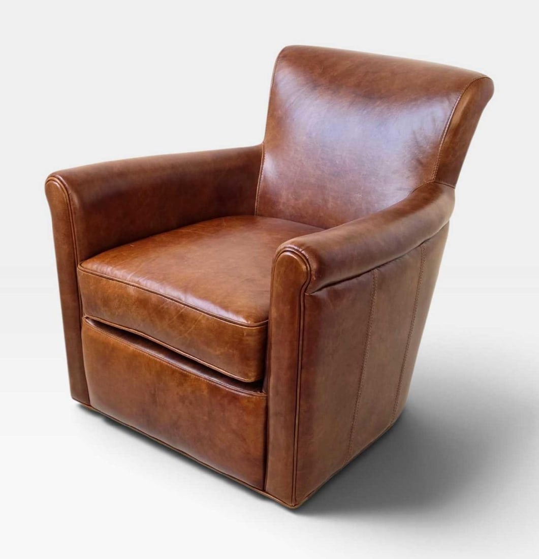 POTTERY BARN IRVING ROLL ARM DISTRESSED LEATHER SWIVEL CLUB CHAIR (lot 2 of 3) (1 of 18)