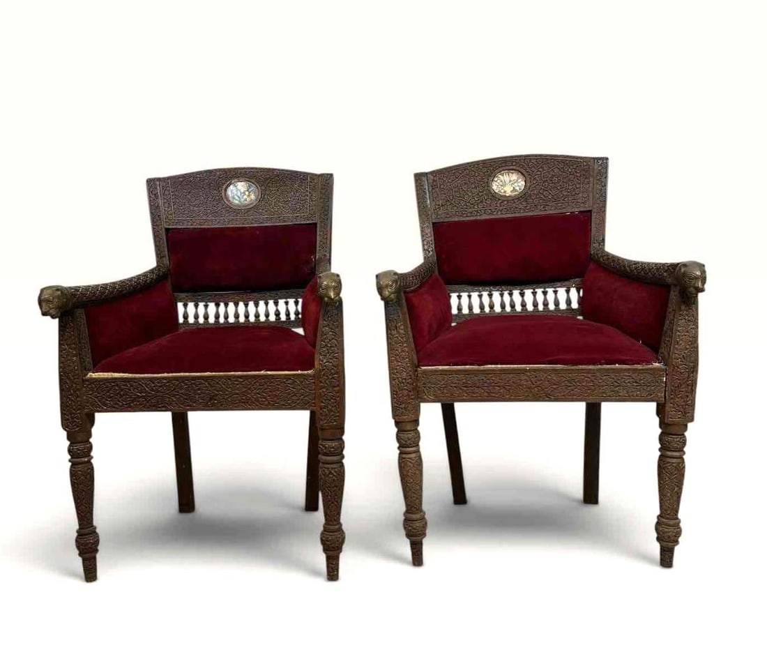 PAIR MUGHAL STYLE CHIP CARVED CHAIRS, BRASS LIONS (1 of 13)