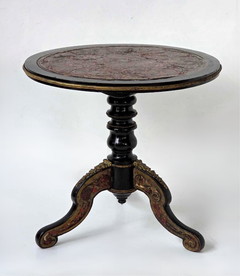 ANTIQUE BOULLE STYLE INLAID BRONZE MOUNTED EBONIZED PEDESTAL TABLE (1 of 16)