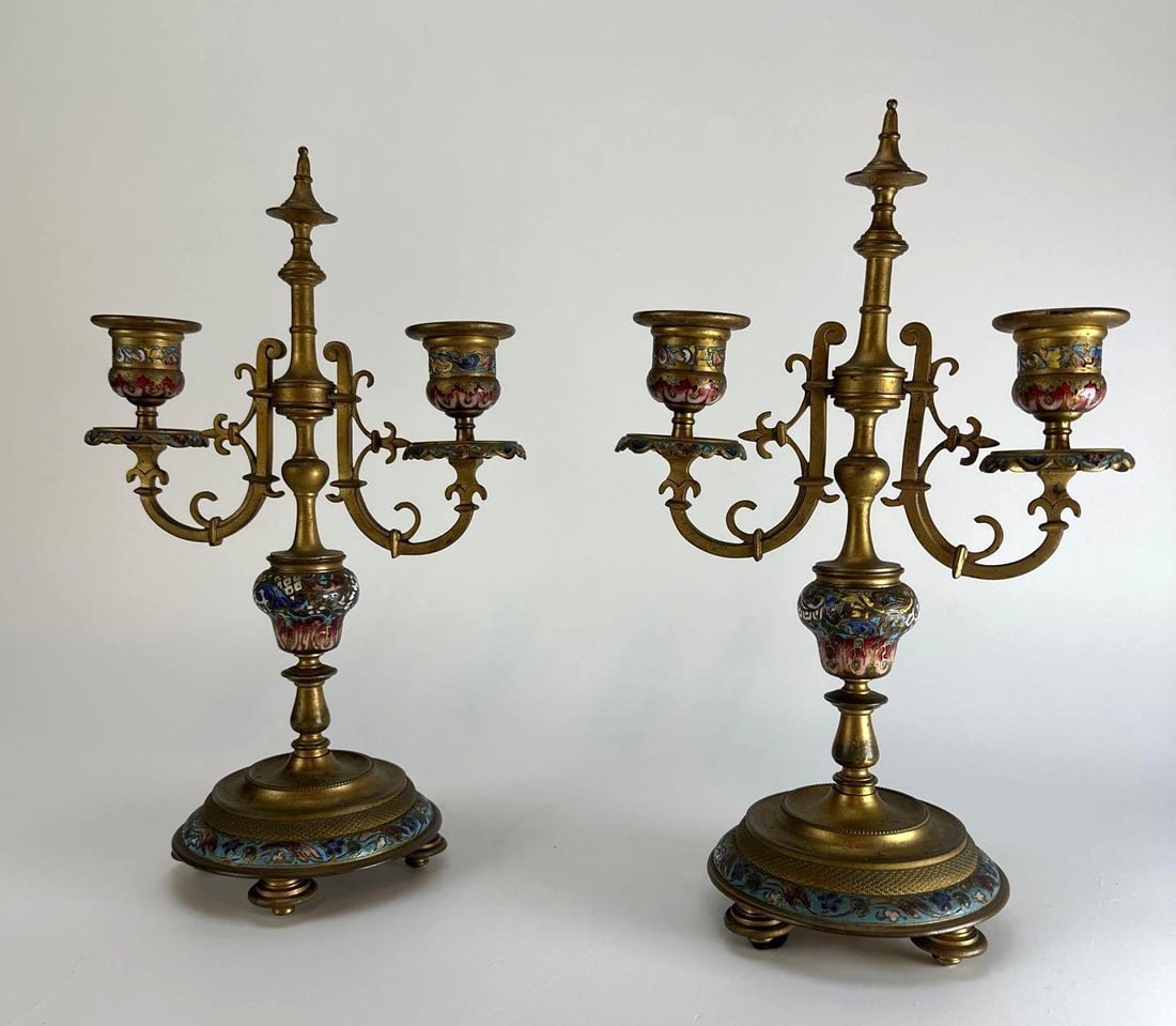 PAIR OF ANTIQUE BRONZE CANDELABRUM WITH ENAMEL DESIGN (1 of 8)