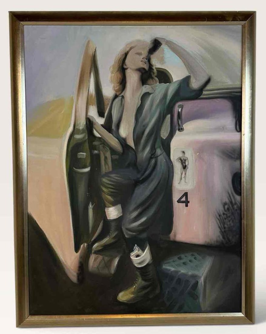SONNAI FROCK 'TRUCKER GIRL' FRAMED OIL PAINTING: Framed oil painting titled "Trucker Girl" by Sonnai Frock, depicting a woman in green coveralls leaning against the open door of a truck marked "4" in a muted landscape Approx. Dimensions: Unframed 30