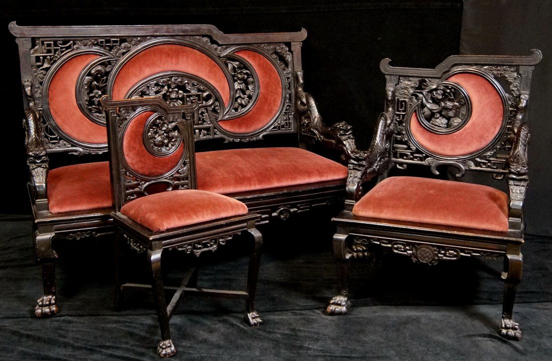 19TH C. 3PC. CARVED ASIAN SALON SET (1 of 4)