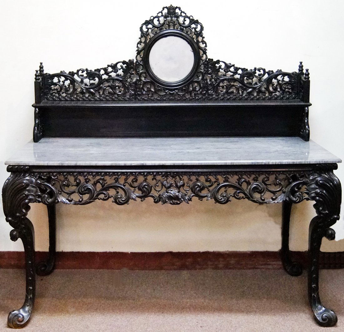 ANTIQUE ASIAN CARVED MARBLE TOP MIRRORED ENTRY TABLE (1 of 1)