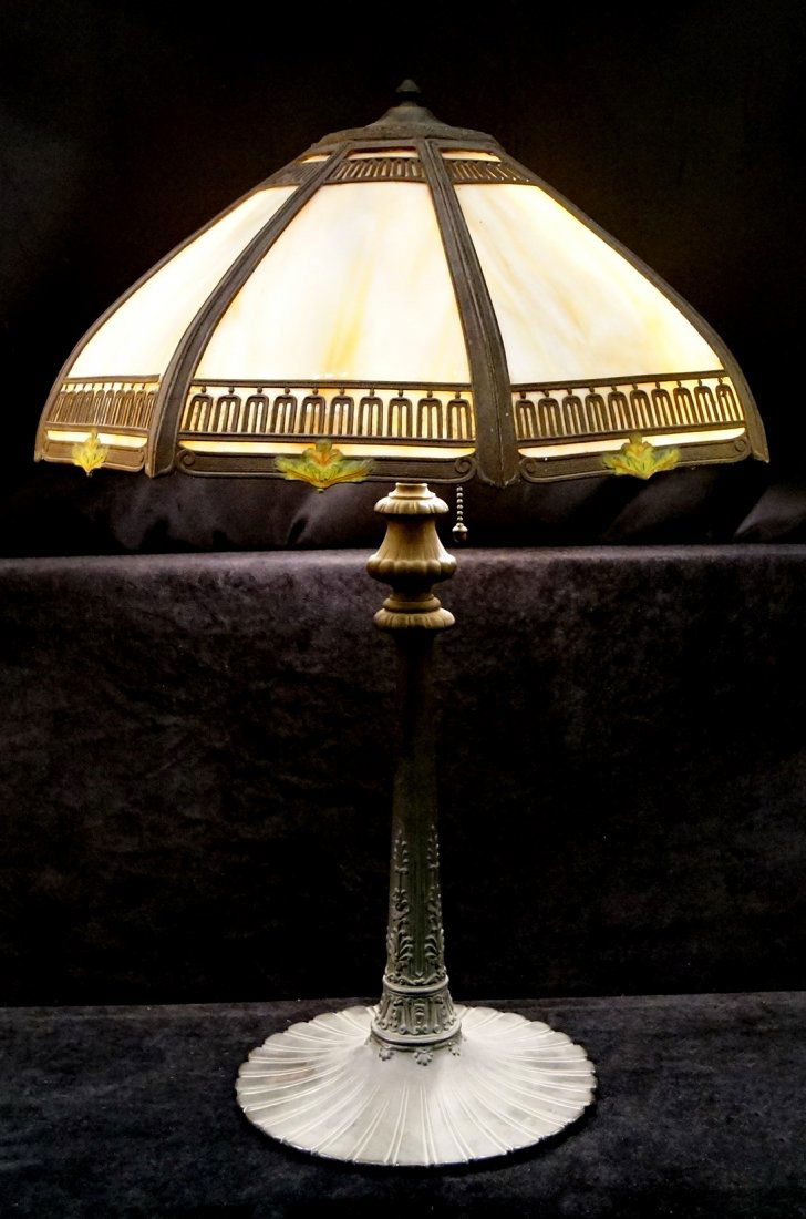 SLAG GLASS TABLE LAMP W/ BRONZE BASE (1 of 3)