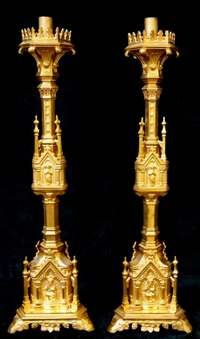 PR. BRONZE GOTHIC STYLE CANDLESTICKS (1 of 3)