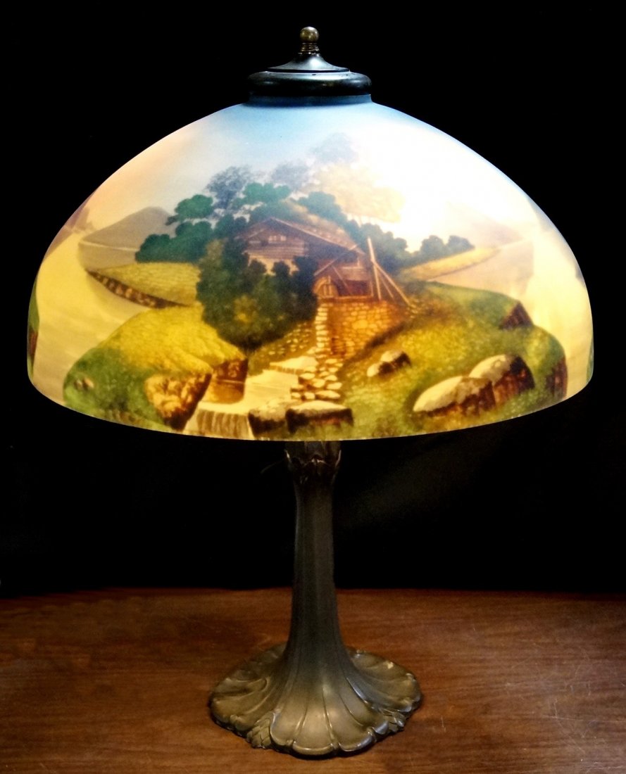 REVERSE PAINTED LAMP: REVERSE PAINTED LAMP (PITTSBURGH ?) 23"H 17.5"D SHADE