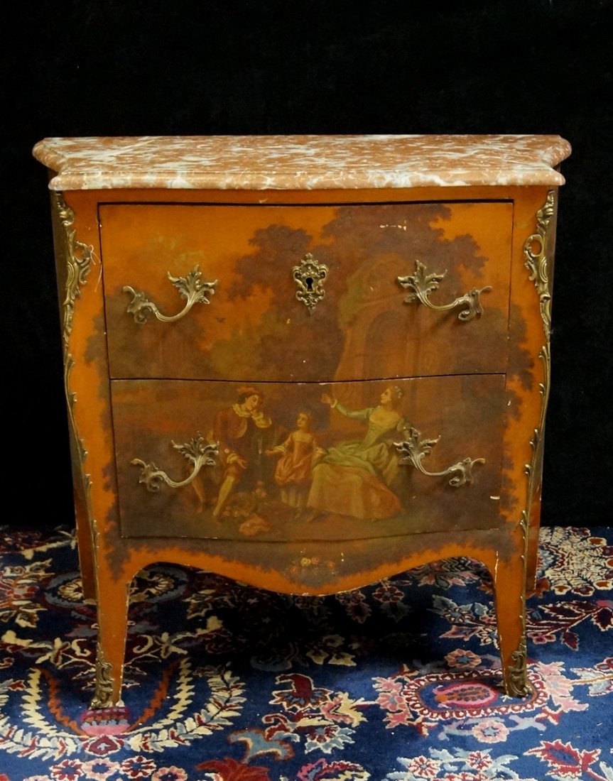 VERNI MARTIN COMMODE: 19TH C. VERNI MARTIN MARBLE TOP COMMODE 31"H 33"W 16"D