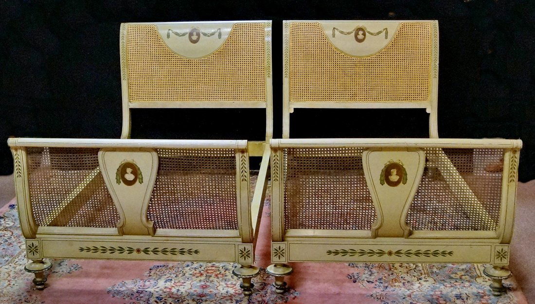 PR. VENETIAN PAINT DECORATED SLEIGH BEDS WITH RAILS (1 of 2)