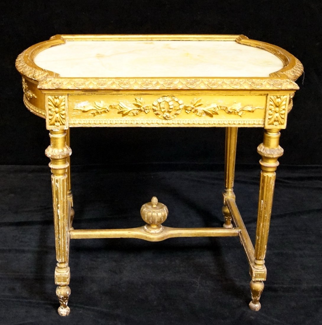 LOUIS XVI STYLE GILT ONYX TOP TABLE: LOUIS XVI STYLE GILT ONYX TOP TABLE 30.5"H 35"W 23.5"D