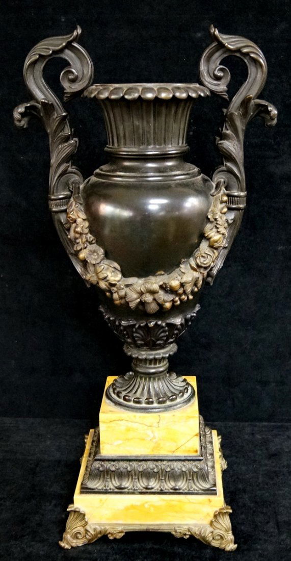 CLASSICAL BRONZE DOUBLE HANDLE URN ON SIENNA MARBLE (1 of 5)