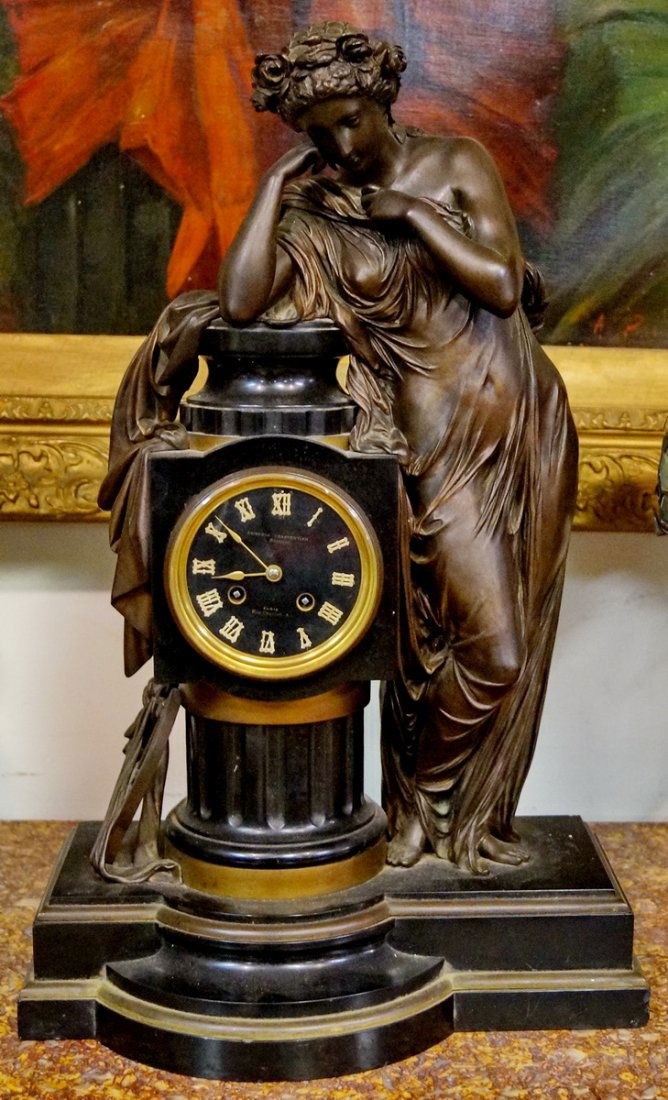 19TH C. FRENCH BRONZE & MARBLE  FIGURAL CLOCK WITH (1 of 3)