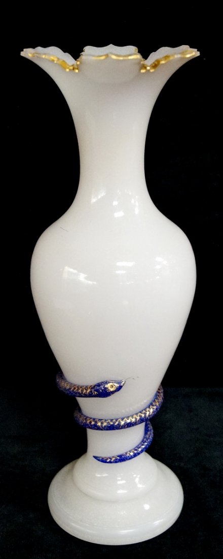 OPALINE VASE WITH COILED SNAKE: OPALINE VASE WITH COILED SNAKE 15.5"H