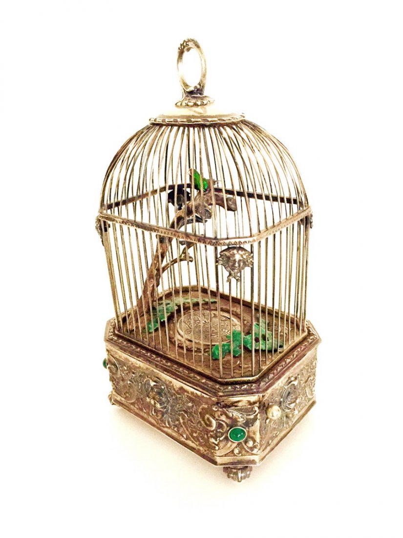BIRD CAGE MUSIC BOX WITH GREEN ENAMEL
