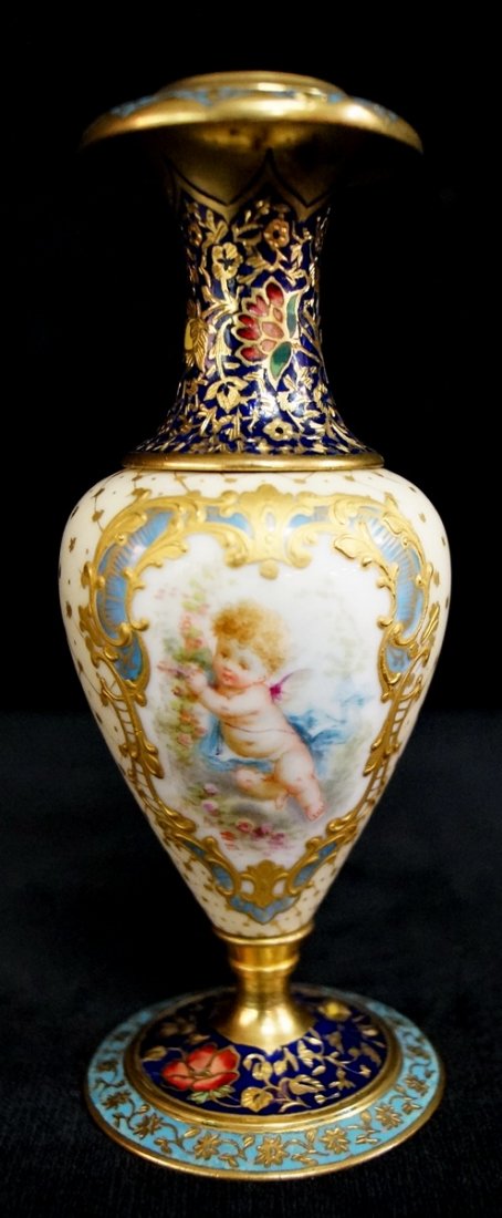 DIMINUTIVE ENAMEL & CHAMPLEVE URN: DIMINUTIVE ENAMEL & CHAMPLEVE URN 6.25"H